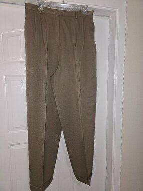 Women's Pants Khaki Wool Double Pleated Front Zippered Cuffs Pockets 14 1990s